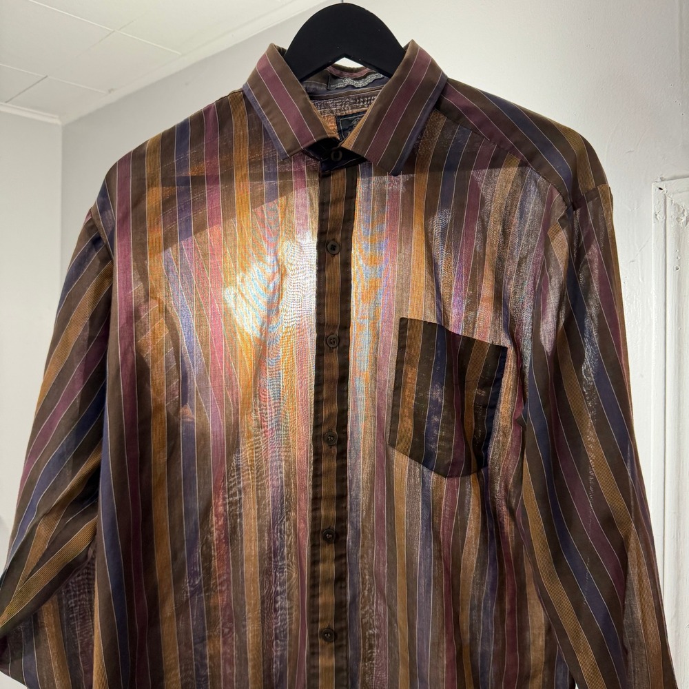 Le Tigre Shirt Men's 16-16.5 Brown Striped Long Sleeve Button Up Thin Rockabilly